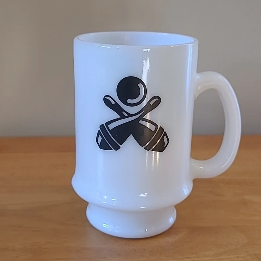 VINTAGE Milk Glass Bowling Theme Double Sided Graphic Pedestal Mug - Picture 2 of 14